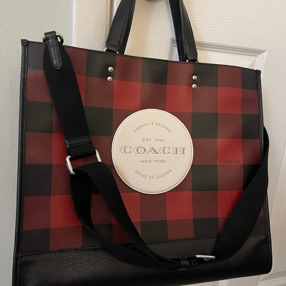 Coach Dempsey 40 Tote Red & Black checkered pattern with Coach Patch logo